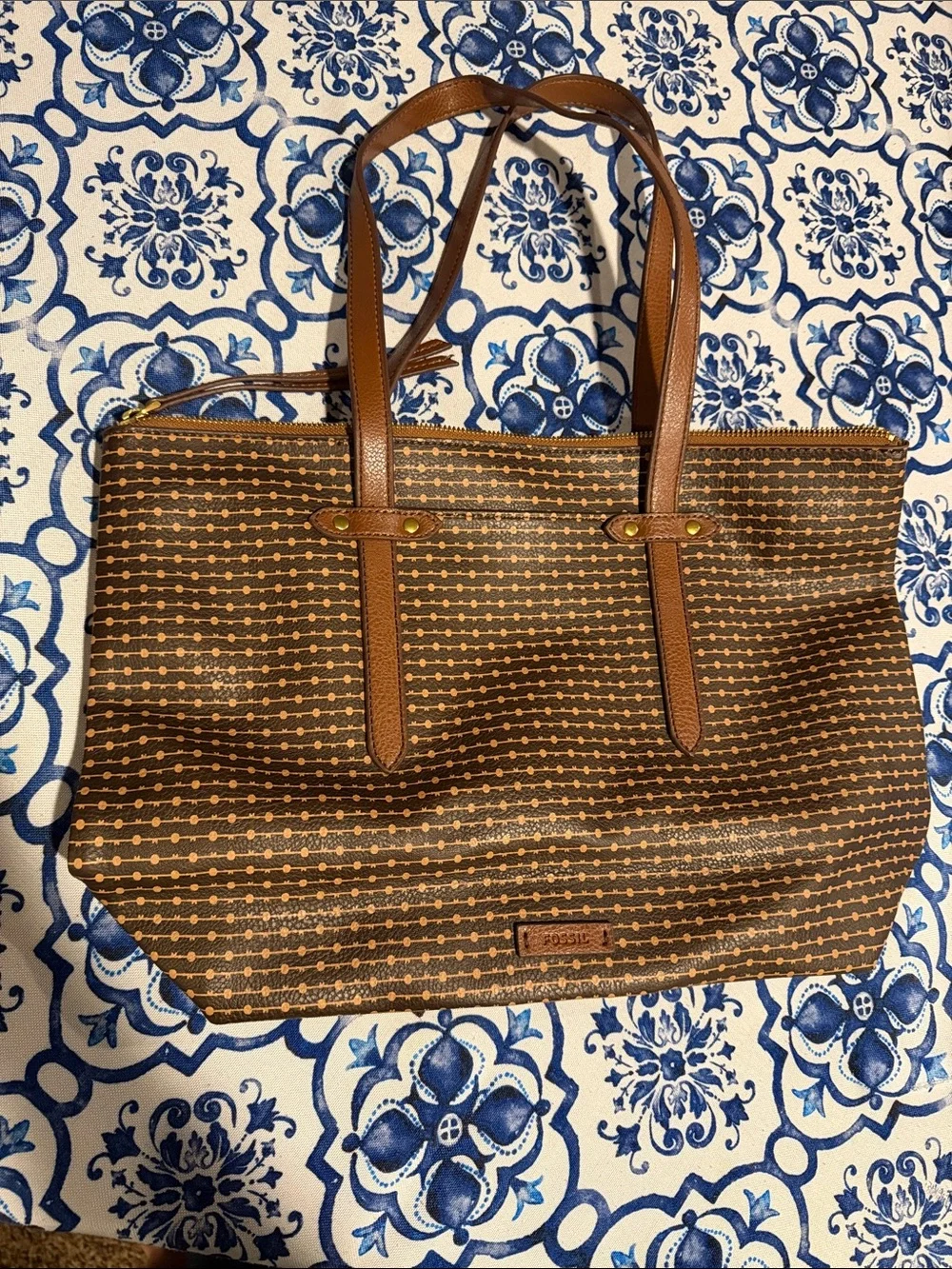 Fossil Brown Leather Patterned Bag with Tan Handles
